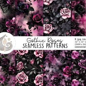 Nahtloses gotisches Rosenmuster | Kommerzielle Nutzung | Nahtloses Goth Digitales Papier | Schwarze und rosa Rosen Designs | Dunkles Scrapbook Papier