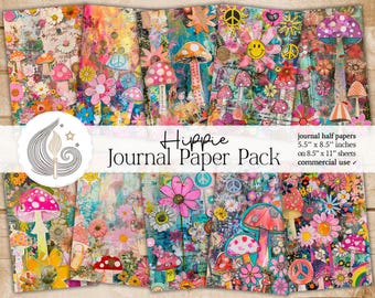 May include: A digital paper pack with a hippie theme. The papers feature colourful illustrations of flowers, mushrooms, peace signs, and other psychedelic designs. The papers are 5.5 inches by 8.5 inches and are printed on 8.5 inches by 11 inches sheets. The papers are for commercial use.