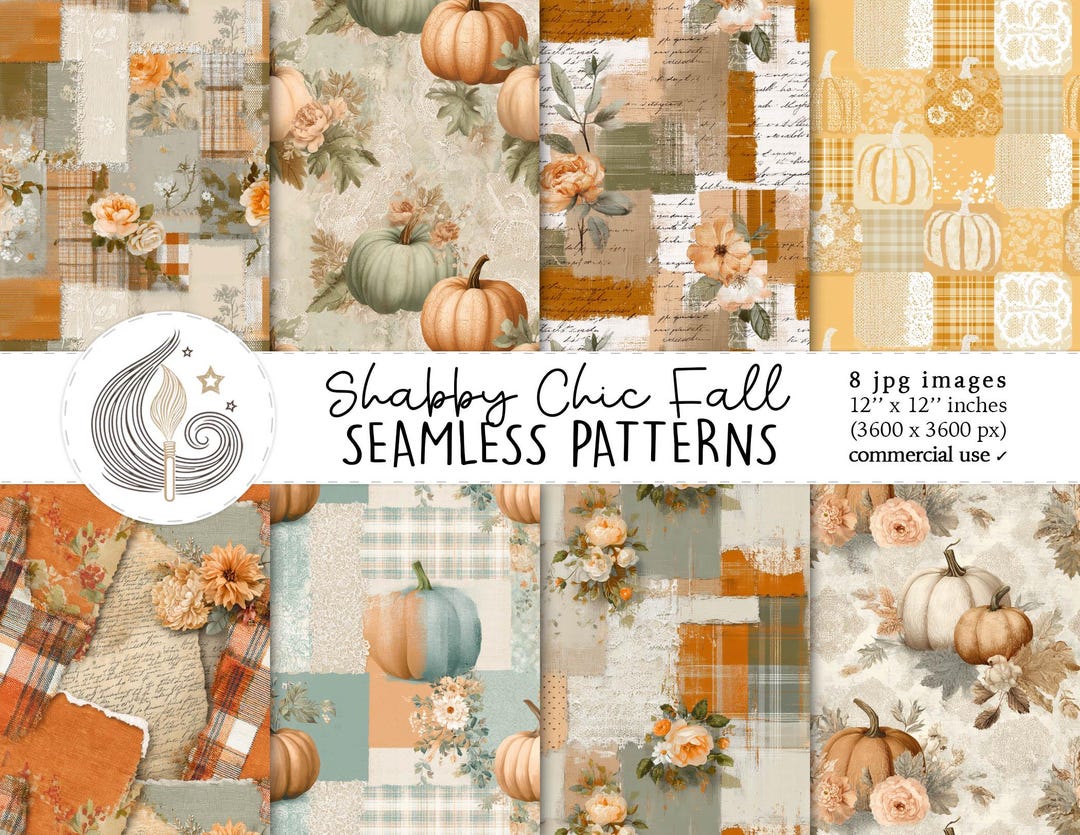 Shabby Chic Fall Seamless Patterns: Pumpkin Floral Digital Paper Pack ...