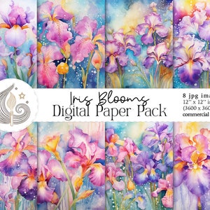 Iris Digital Paper | Watercolor Floral Digital Paper | Printable Digital Paper Pack | Commercial Use | Card Making | Crafting