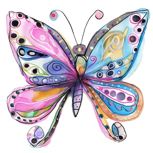 Puede incluir: Una colorida mariposa de acuarela con patrones intrincados. Las alas presentan tonos de rosa, azul, morado y amarillo, delineados en negro. El dise&ntilde;o incluye c&iacute;rculos, espirales y formas geom&eacute;tricas, creando una vibrante ilustraci&oacute;n de insecto.