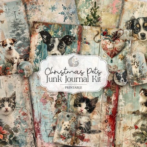 Kit diario spazzatura / Animali domestici natalizi vintage / Cuccioli di cane / Gattini / Oggetti effimeri festivi / Artigianato di carta / Gatti carini / Stampabili
