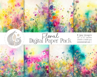 Flowers Digital Paper | Watercolor Flower | Floral Background | Commercial Use | Digital Background | Printable Spring Meadow