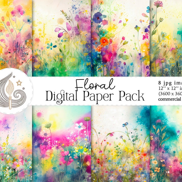 Flowers Digital Paper | Watercolor Flower | Floral Background | Commercial Use | Digital Background | Printable Spring Meadow