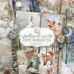 Peut inclure: Un ensemble de pages de journal de rebut imprimables sur le thème de l'hiver en forêt. Les pages présentent des illustrations de lapins, de renards, de cerfs, de hiboux et de paysages hivernaux. Le texte "Woodland Winter Junk Journal Kit" est affiché sur une bannière blanche.