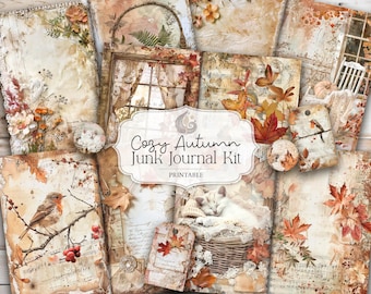 May include: A collection of vintage-style paper ephemera with a cozy autumn theme. The image features various journal pages, tags, and decorative elements with fall leaves, a sleeping cat, and the text "Cozy Autumn Junk Journal Kit Printable".