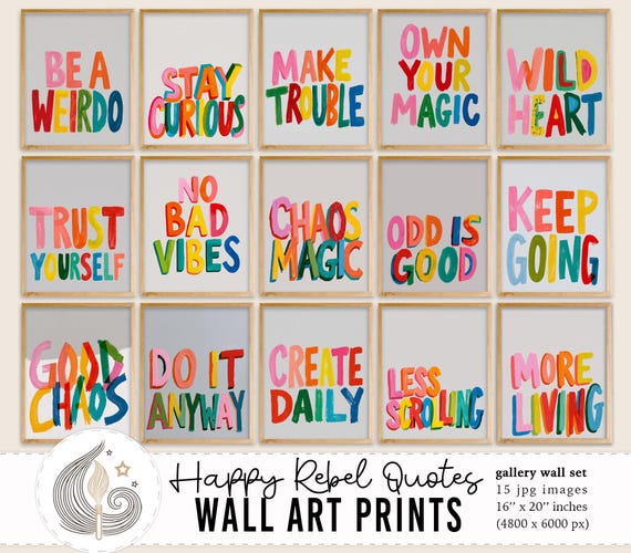 Happy Rebel Quotes Printable Wall Art | Colorful Typography Prints | Motivational Text Poster Set