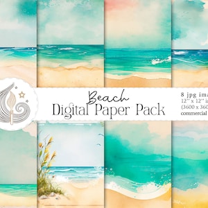 Papel digital de playa / Paisajes marinos de acuarela / Descarga instantánea / Fondo de verano / Costa / Scrapbooking / Uso comercial