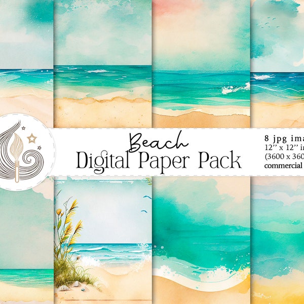 Strand Digitales Papier | Aquarell Seelandschaften | Sofortdownload | Sommer Hintergrund | Meer | Scrapbooking | Kommerzielle Nutzung