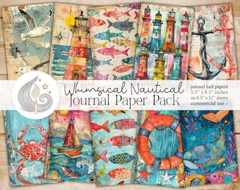 Whimsical Nautical Junk Journal Pages: Colorful Ocean Papers with Boats, Lighthouses, and Sea Motifs