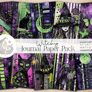 Witchy Halloween Junk Journal Kit | Lila Grün Schwarze Katze Druckbare Seiten | Gruseliges süßes Hexen-Digital-Papier-Pack | Kartenherstellung