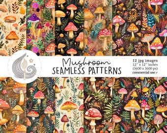 Mushroom Seamless Patterns: Woodland Forest Digital Paper Pack with Watercolor Mushrooms