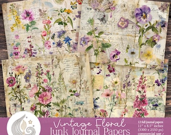 Vintage Floral Junk Journal Papers: Botanical Backgrounds with Aged Ledger and Script