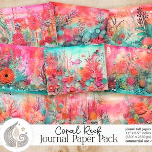 Könnte beinhalten: Ein digitales Papierpaket mit 8 farbenfrohen Korallenriff-Designs. Die Designs zeigen eine Vielzahl von Korallen, Fischen und anderen Meereslebewesen. Die Papiere sind 11 Zoll mal 8,5 Zoll groß und perfekt für Scrapbooking, Kartenherstellung und andere Papierarbeiten.