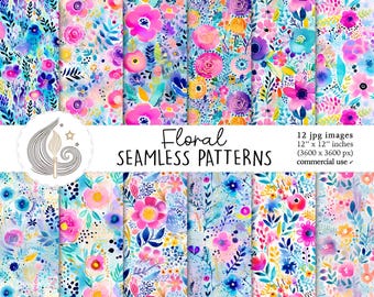 May include: A collection of twelve floral seamless patterns in vibrant colors. Each design features watercolor flowers in shades of pink, purple, blue, and yellow. The patterns are 12 x 12 inches in size.