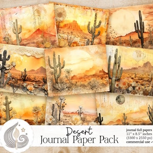 Papel de diario basura de cactus del desierto, Tema del desierto bohemio, Páginas de álbum de recortes de bricolaje, Arte digital de cactus, Paquete de papel imprimible, Manualidades