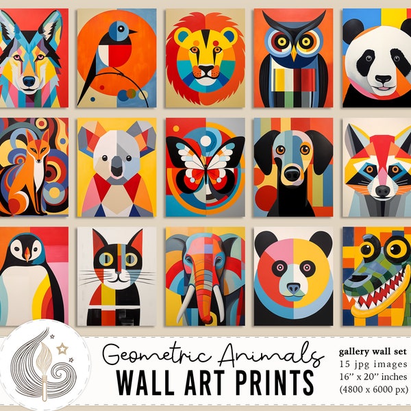 Geometric Animals Art Prints | Colorful Wildlife Decor (15 JPG Images)