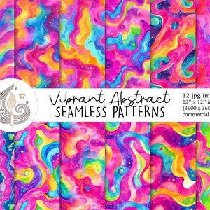 Könnte beinhalten: Zwölf nahtlose digitale Papiermuster mit lebendigen abstrakten Wirbeln in Pink, Blau, Gelb und Grün mit einem galaktischen Glitzer-Effekt. Die Muster sind 30,5 cm x 30,5 cm groß und für kommerzielle Zwecke bestimmt.