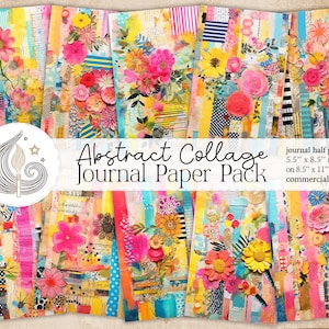 Collage abstracto / Páginas imprimibles de diario basura / Arte floral de medios mixtos / Papel de textura / Fondo ecléctico / Formas geométricas