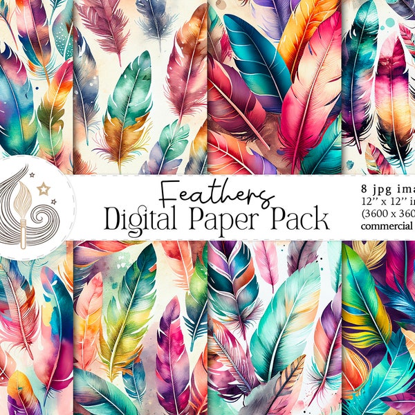 Watercolor Feathers | Boho Digital Paper Pack | Scrapbooking Paper | Digital Downloads | Backgrounds | Commercial Use