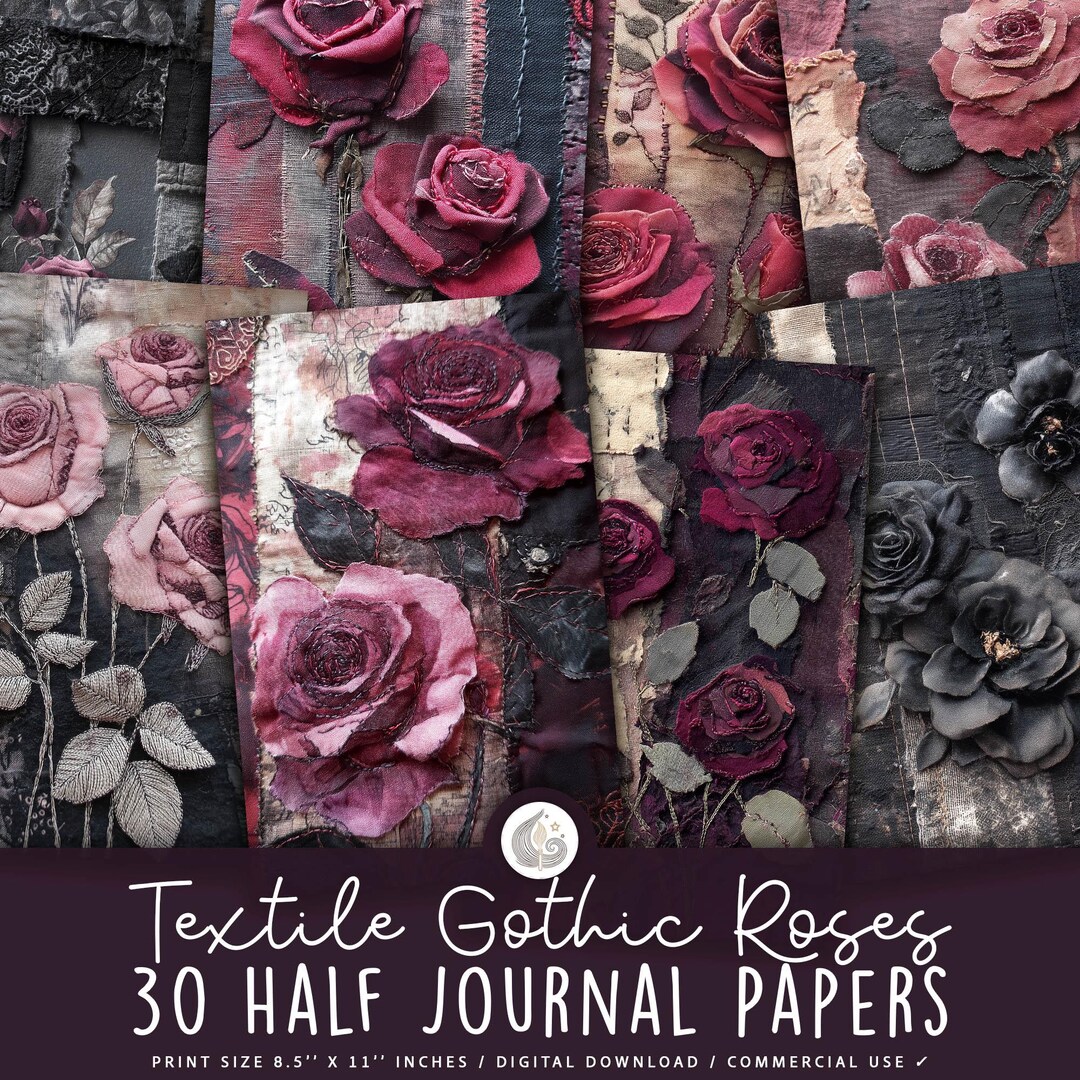 Textile Gothic Roses Junk Journal Pages: Dark Floral Fabric Collage ...