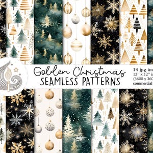 Puede incluir: Una colección de 14 patrones digitales navideños sin costuras. Los patrones presentan copos de nieve dorados, árboles de Navidad y adornos sobre un fondo oscuro. La imagen incluye el texto "Golden Christmas SEAMLESS PATTERNS". Cada imagen mide 30,48 x 30,48 cm.