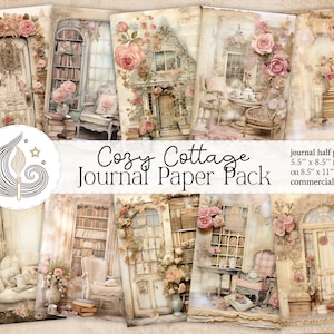 Paquet de papier journal Cosy Cottage | Pages du journal Cottagecore | Journal de brocante shabby chic | Coins lecture confortables | Bibliothèques vintage