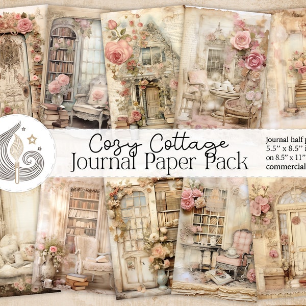 Cozy Cottage Journal Paper Pack | Cottagecore Journal Pages | Shabby Chic Junk Journal | Cozy Reading Corners | Vintage Libraries