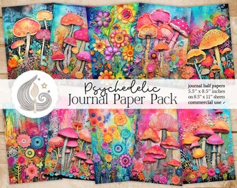 Psychedelic Junk Journal Pages: Colorful Fantasy Papers with Mushrooms, Florals, and Bright Patterns