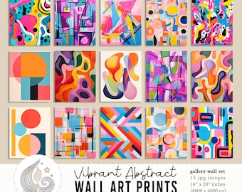 May include: Set of 15 vibrant abstract wall art prints in various colors and geometric shapes. Each print is 16 inches by 20 inches and measures 4800 pixels by 6000 pixels.