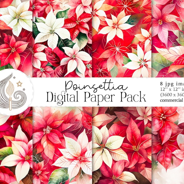 Watercolor Poinsettia Flowers | Printable Digital Paper | Scrapbook Papers | Christmas Digital Paper | Commercial Use | Digital Craft Paper