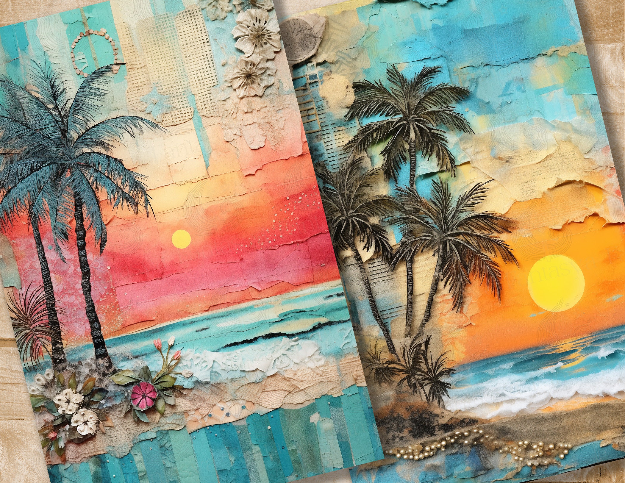 Beach Sunset Junk Journal Pages: Tropical Ocean Papers With Warm Palms ...