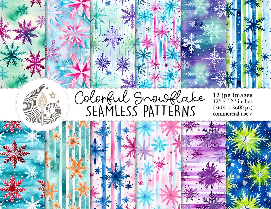 Colorful Snowflake Seamless Patterns: Bright Winter Digital Paper Pack ...