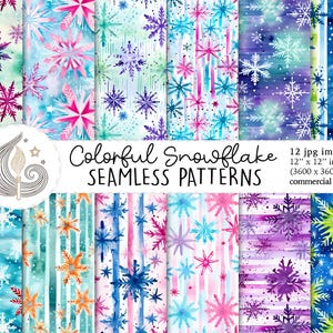 May include: A collection of 12 colorful snowflake seamless patterns. The patterns feature watercolor designs with snowflakes in various colors, including pink, blue, purple, and green. Each image is 12 x 12 inches.
