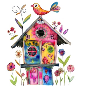 May include: A colorful, whimsical birdhouse illustration. The birdhouse is painted with bright pink, yellow, blue, and green hues, adorned with floral and heart motifs. A vibrant bird perches atop the roof, adding a playful touch to this decorative artwork.