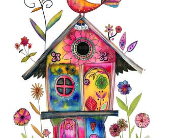 May include: A colorful, whimsical birdhouse illustration. The birdhouse is painted with bright pink, yellow, blue, and green hues, adorned with floral and heart motifs. A vibrant bird perches atop the roof, adding a playful touch to this decorative artwork.