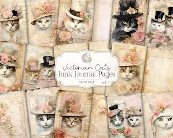 Victorian Cats Junk Journal Pages: Elegant Vintage Papers with Portraits Hats Florals and Details