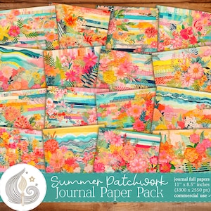 May include: A collection of colorful journal papers with a summer patchwork design. The papers feature floral and abstract patterns in shades of pink, orange, yellow, and turquoise. Each paper measures 11 x 8.5 inches.