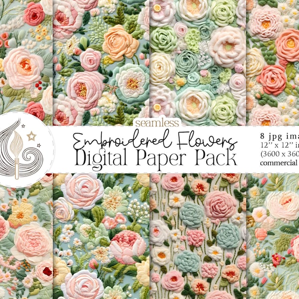 Vintage Shabby Chic Floral Embroidery | Seamless Patterns | Embroidered Floral Digital Paper | Faux Fabric | Scrapbooking | Crafts | Diy