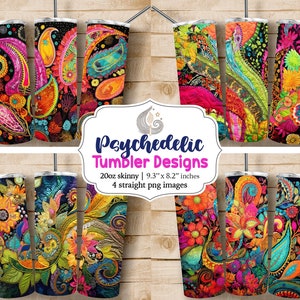 May include: Four 20 ounce skinny tumblers with psychedelic designs featuring colorful paisley patterns and floral motifs. The tumblers are 9.3 inches tall and 8.2 inches wide.