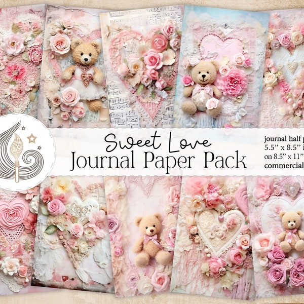 Sweet Love Junk Journal | Cute Teddy Bear | Pink Roses | Lace | Hearts | Valentines Day Journal Paper Pack | Shabby Chic Style