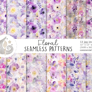 Papel digital floral sin costuras / Uso comercial / Diseños florales de acuarela en tonos lila y morado / Papel para álbumes de recortes