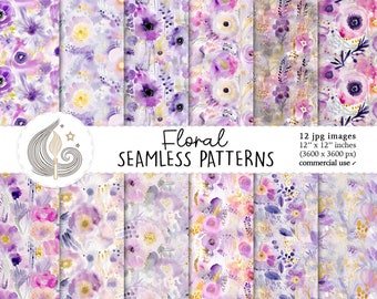 Floral Seamless Patterns: Purple Watercolor Flower Digital Paper Pack for Elegant Designs