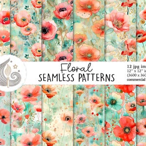 Motif coquelicots sans couture | Utilisation commerciale | Papier numérique floral sans couture | Fleurs de pavot de printemps bohème aquarelle | Papier de scrapbooking