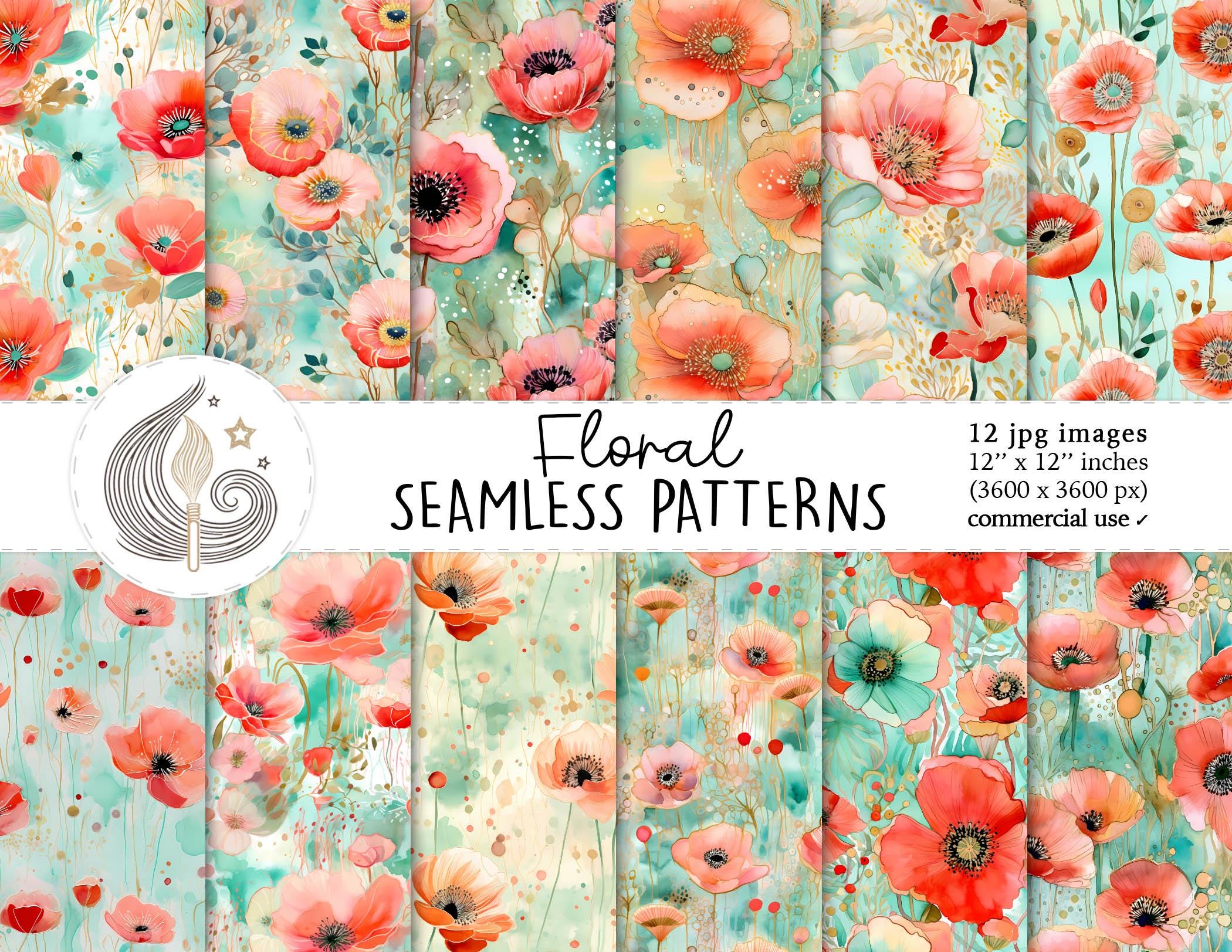 Seamless Poppies Pattern | Commercial Use | Seamless Floral Digital Paper | Watercolor Boho Spring Poppy Flowers | Scrapbook Paper