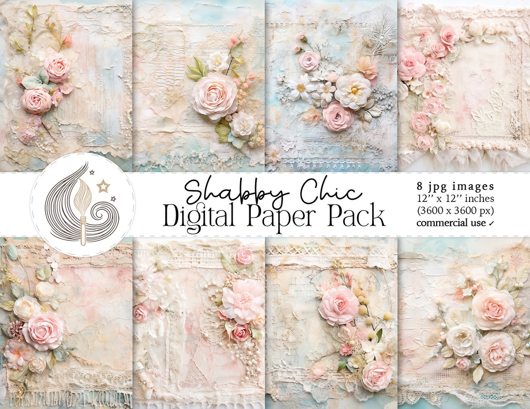 Shabby Chic Digital Paper Pack: Vintage Textured Floral Backgrounds in ...