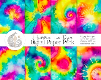 Hippie Tie-Dye Digitaal Papierpakket: Kleurrijke Psychedelische Spiraalachtergronden