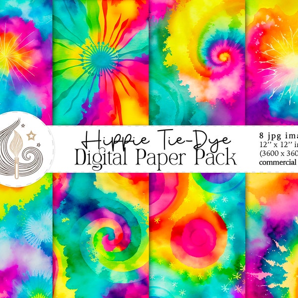 Tie Dye Digital Paper | Vibrant Rainbow Tie Dye | Hippie Watercolor Texture | Commercial Use | Scrapbook Paper | Trippy | Funky