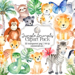 Conjunto de clipart de animais da selva em aquarela Decoração de berçário de safári Arte de animais selvagens Download instantâneo Uso comercial Gráficos de chá de bebê