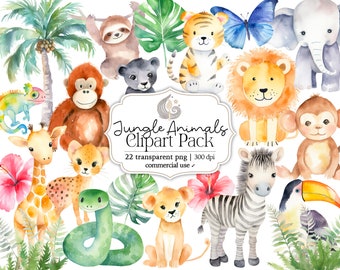 Watercolor Jungle Animals Clipart | Safari Animals Clipart | Instant Download | Commercial Use | Wild Animals | Nursery Clipart